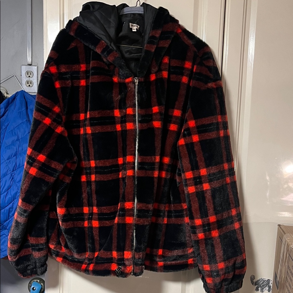Plaid Faux-Fur Zip Hooded Jacket in Black & Red